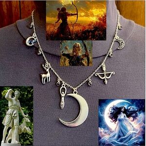 Artemis Diana Greek Roman Goddess of Moon & Hunt Handmade Necklace, Rhinestones